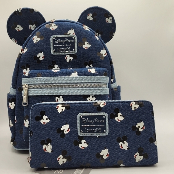 Loungefly Disney Mickey Face Denim Backpack & Wallet Bundle - Picture 1 of 10